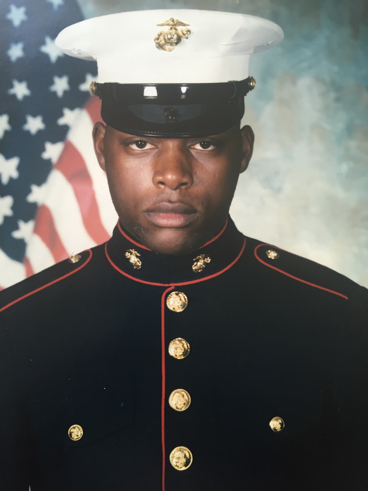 Dario Grant in his United States Marine Corps recruit training portrait at Parris Island, South Carolina, in 1999.